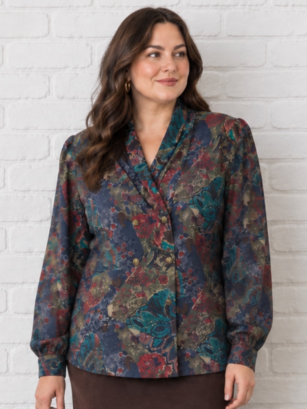 Vintage 80s Jewel Tone Paisley Blouse | Shawl Collar Ornate Buttons | Size 16 XL